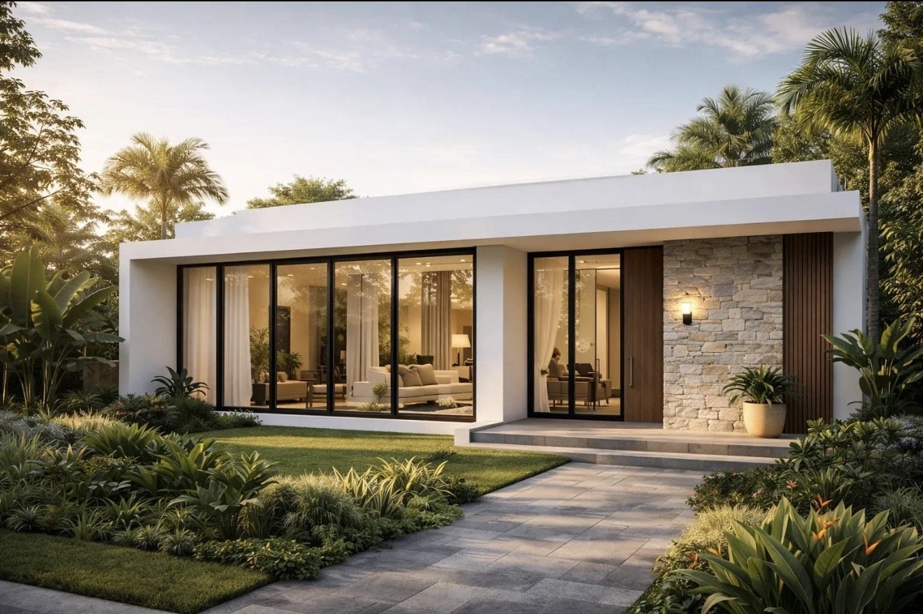 Modern single-storey home with stone and timber facade